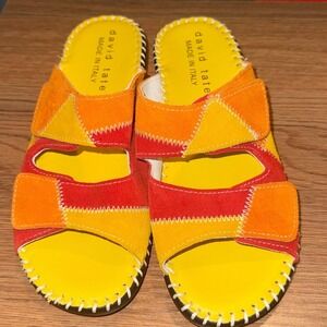 David Tate Womens‎ 6 Patchwork Suede Wedge Slide Sandals Yellow Orange Red Italy